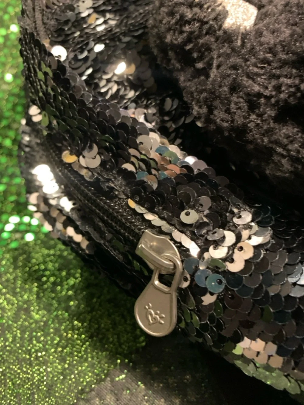 Justice Girls Black Cat Mini Backpack Flip Sequin Fuzzy Fur Kitty Bag EUC